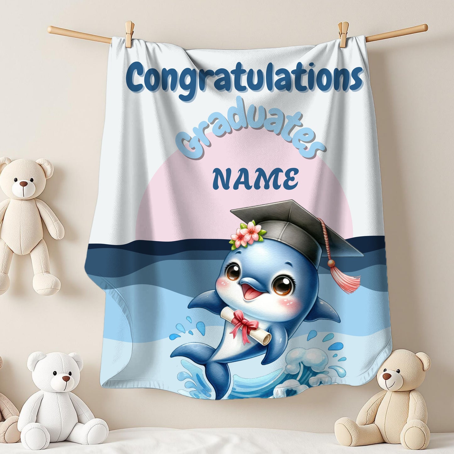 Personalized Graduation Dolphin Plush Blanket, Soft Velveteen Throw, Gift for Graduates, Kids Dorm Decor, Beach Vibes Blanket