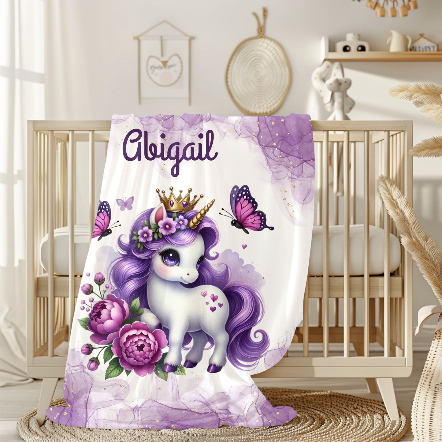 Personalized Unicorn Velveteen Plush Blanket, Cozy Kids Blanket, Birthday Gift, Nursery Decor, Soft Throw Blanket