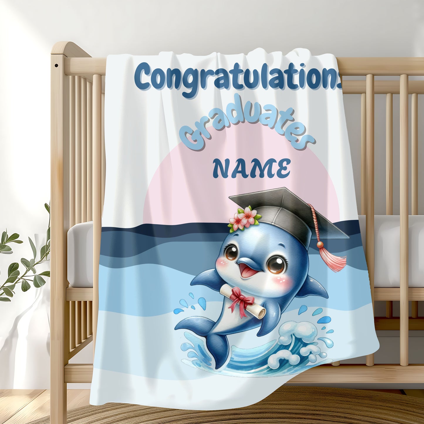 Personalized Graduation Dolphin Plush Blanket, Soft Velveteen Throw, Gift for Graduates, Kids Dorm Decor, Beach Vibes Blanket
