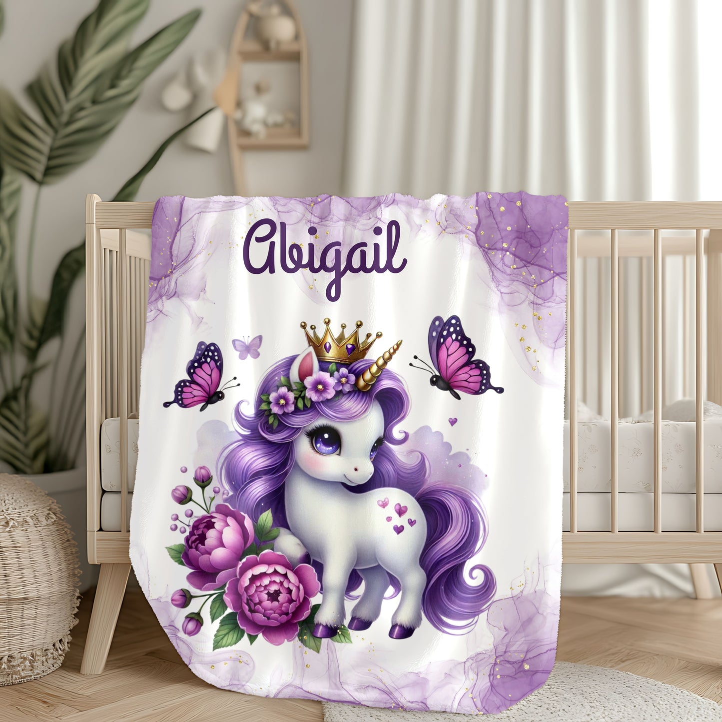 Personalized Unicorn Velveteen Plush Blanket, Cozy Kids Blanket, Birthday Gift, Nursery Decor, Soft Throw Blanket