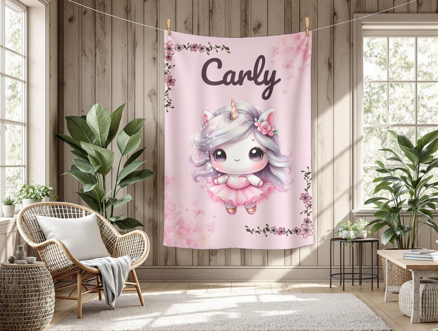 Customized Unicorn Velveteen Plush Blanket, Kid's Gift, Nursery Decor, Cozy Throw, Personalized Blanket, Birthday Present