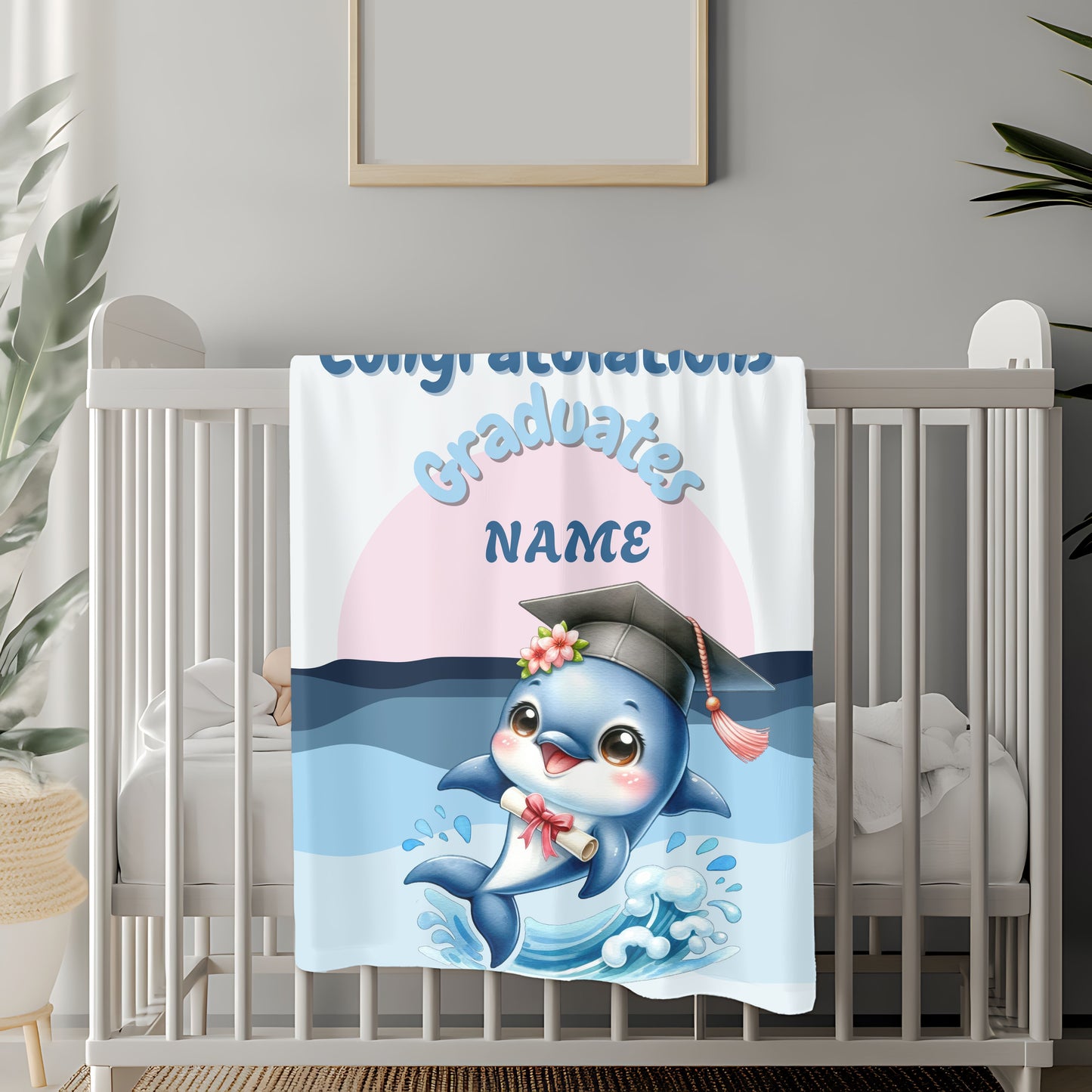 Personalized Graduation Dolphin Plush Blanket, Soft Velveteen Throw, Gift for Graduates, Kids Dorm Decor, Beach Vibes Blanket