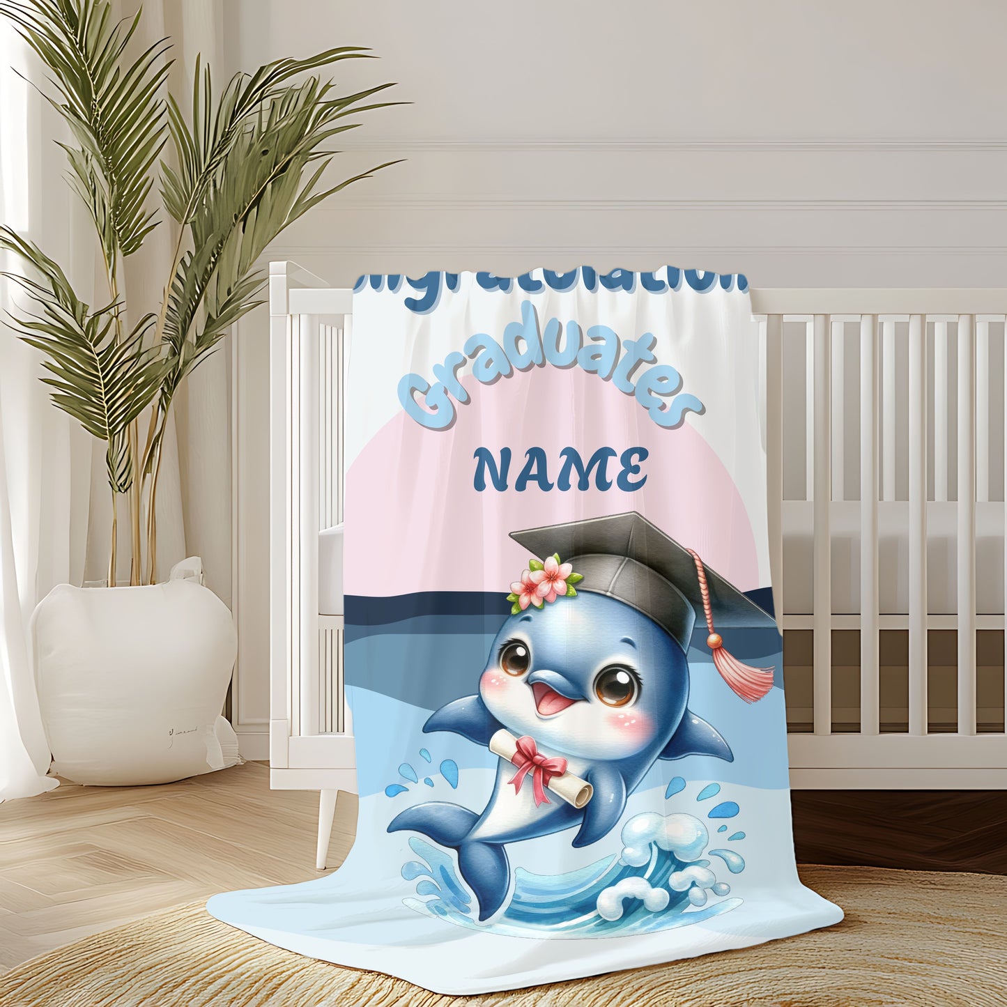 Personalized Graduation Dolphin Plush Blanket, Soft Velveteen Throw, Gift for Graduates, Kids Dorm Decor, Beach Vibes Blanket