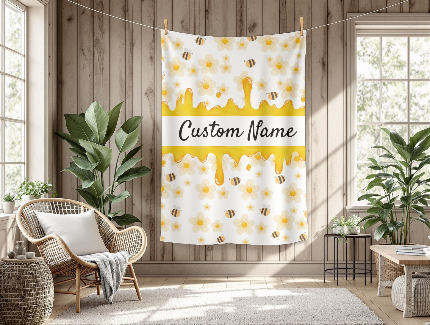 Personalized Velveteen Plush Blanket, Cozy Gift, Custom Name Throw, Bee and Flower Decor, Soft Home Accents