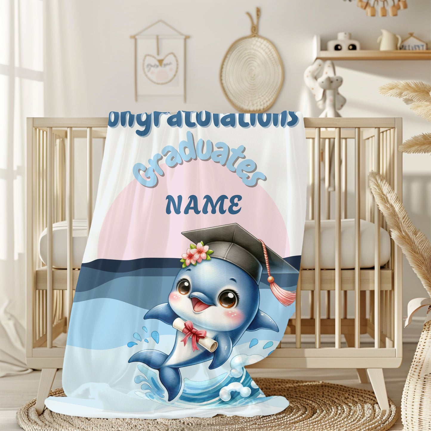 Personalized Graduation Dolphin Plush Blanket, Soft Velveteen Throw, Gift for Graduates, Kids Dorm Decor, Beach Vibes Blanket