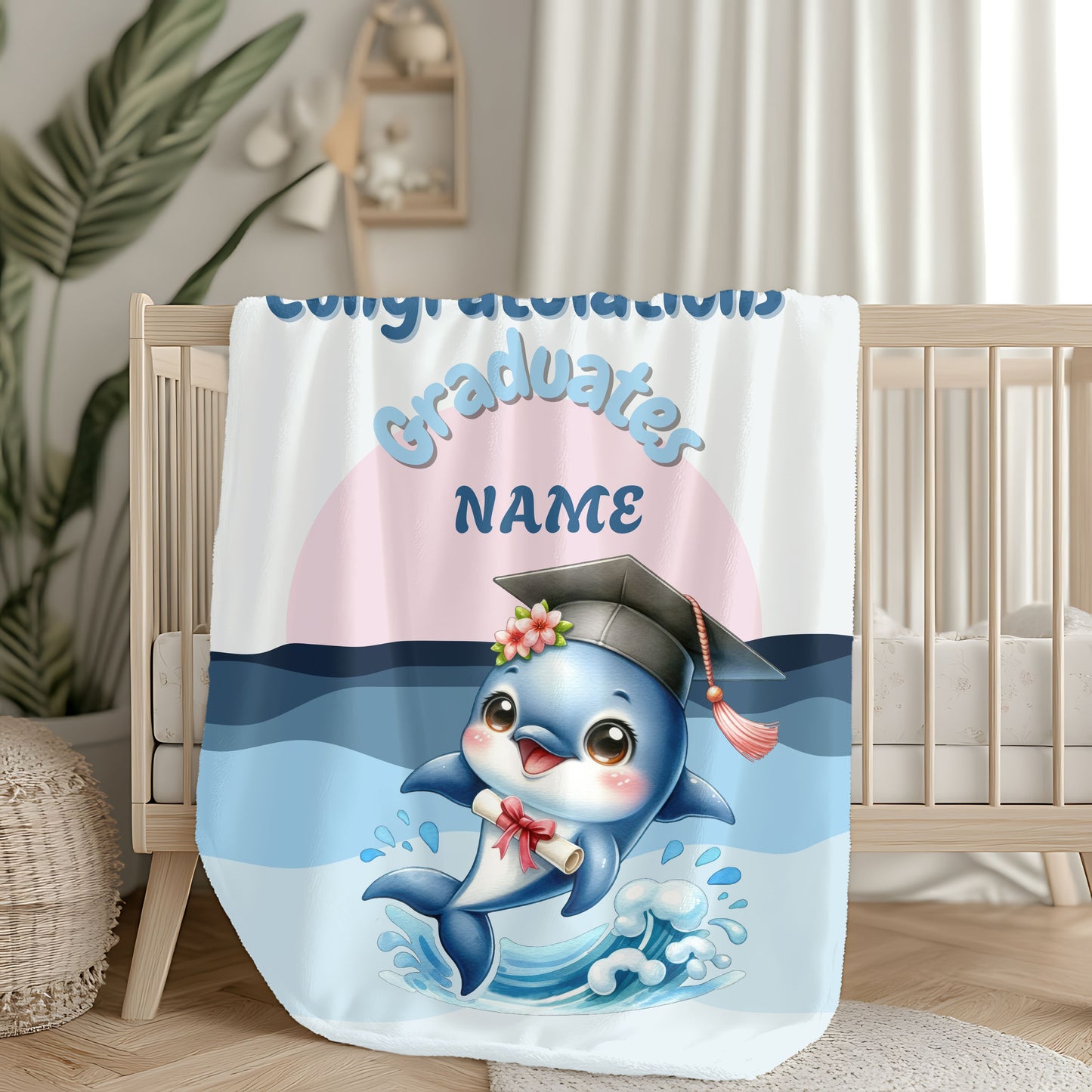 Personalized Graduation Dolphin Plush Blanket, Soft Velveteen Throw, Gift for Graduates, Kids Dorm Decor, Beach Vibes Blanket