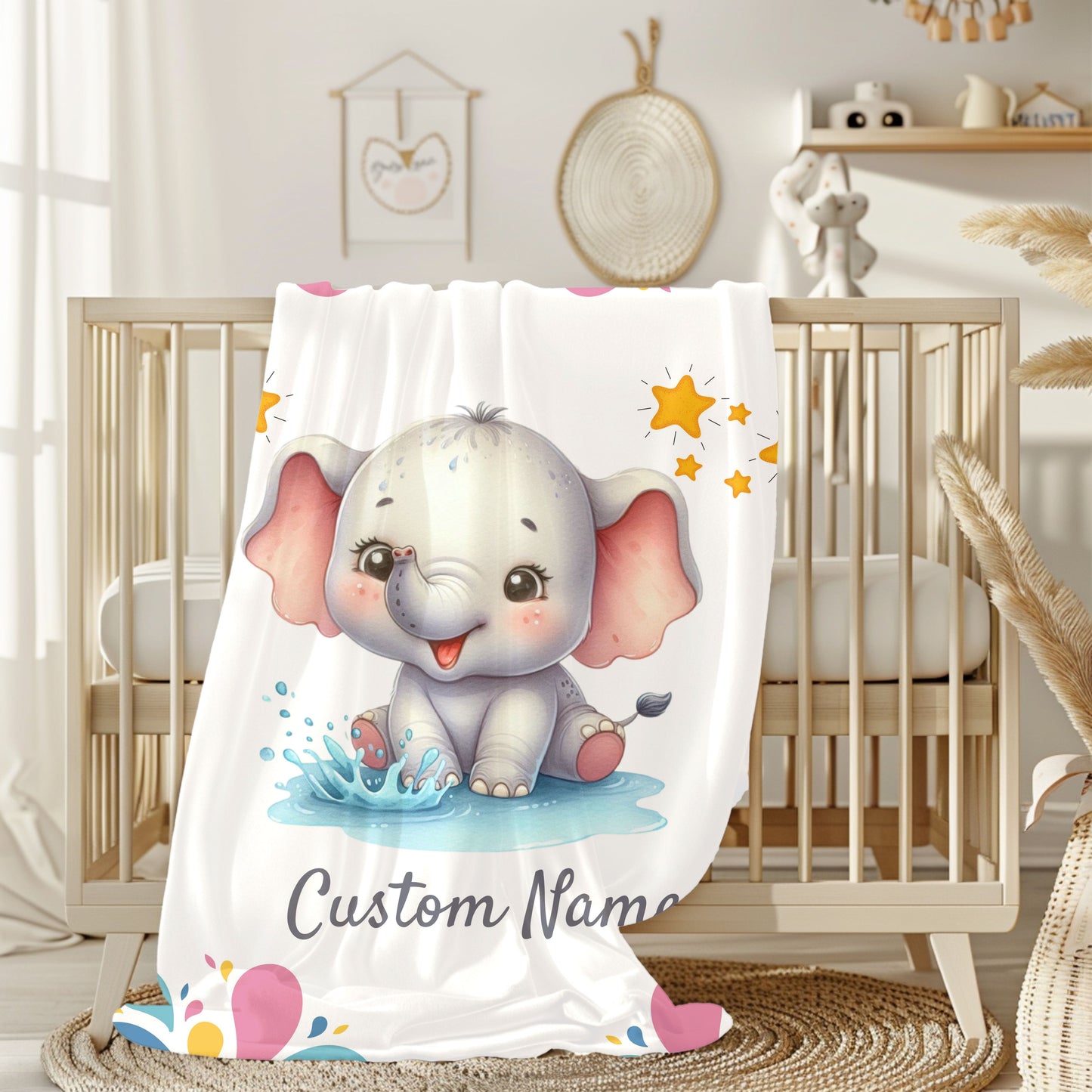 Customizable Baby Elephant Velveteen Blanket, Personalized Baby Gift, Nursery Decor, Soft Plush Blanket, Baby Shower Present, Cozy Throw