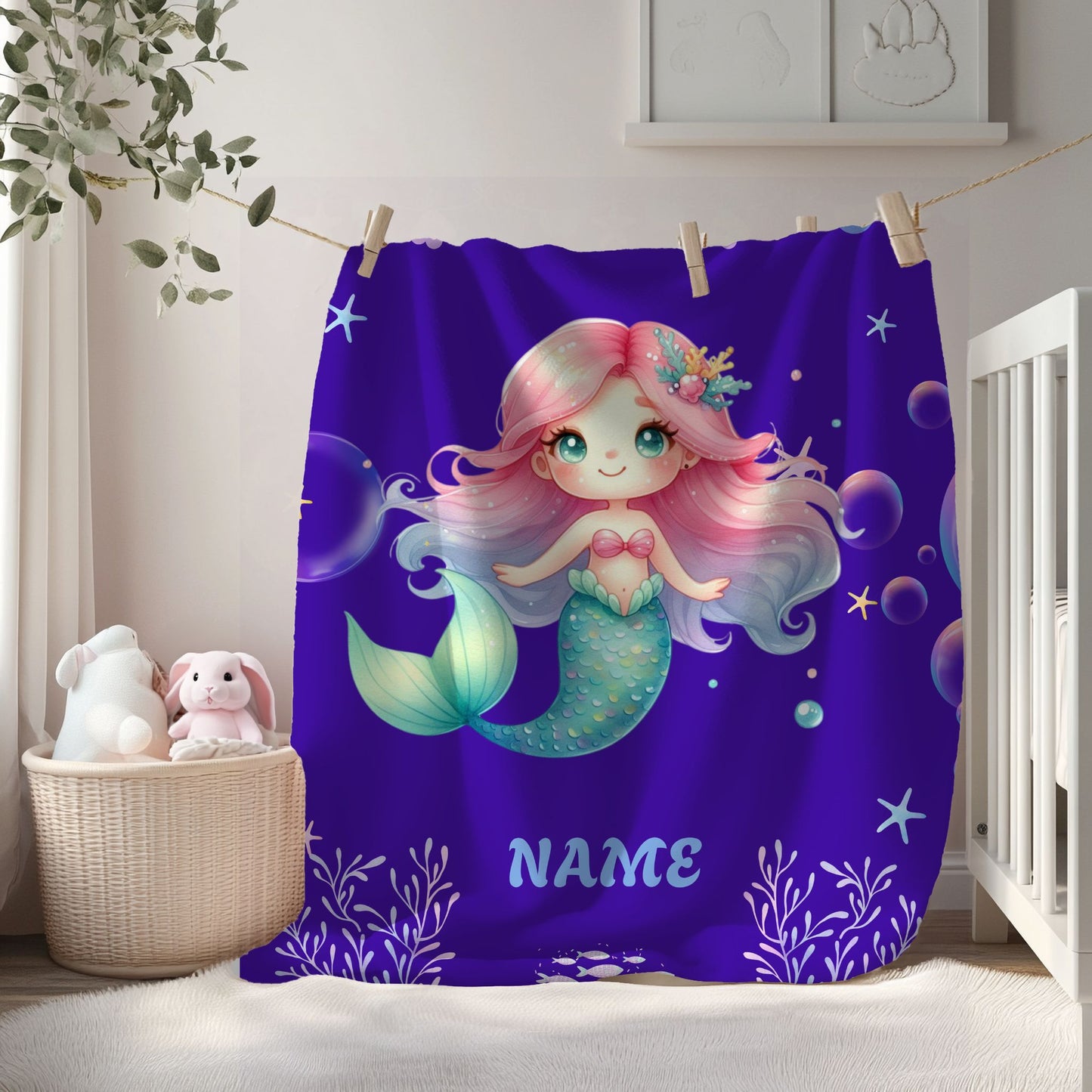 Mermaid Plush Blanket - Personalized Cozy Throw | Soft Fleece Blanket | Kid's Room Decor | Gift for Birthday, Baby Shower, Christmas