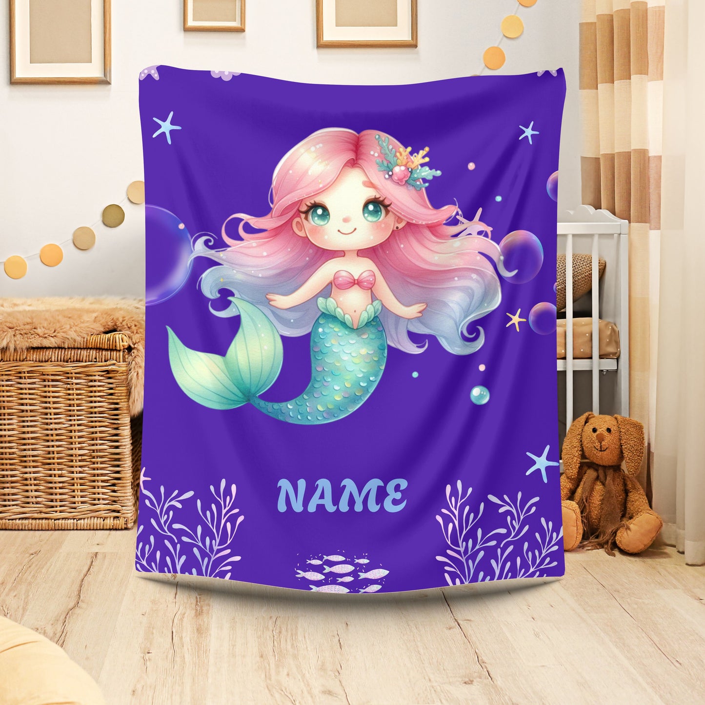 Mermaid Plush Blanket - Personalized Cozy Throw | Soft Fleece Blanket | Kid's Room Decor | Gift for Birthday, Baby Shower, Christmas