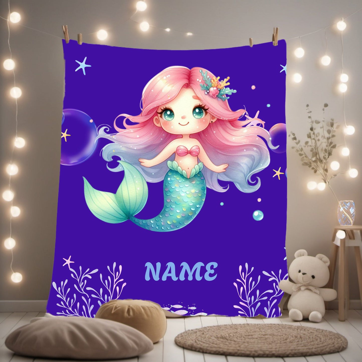 Mermaid Plush Blanket - Personalized Cozy Throw | Soft Fleece Blanket | Kid's Room Decor | Gift for Birthday, Baby Shower, Christmas
