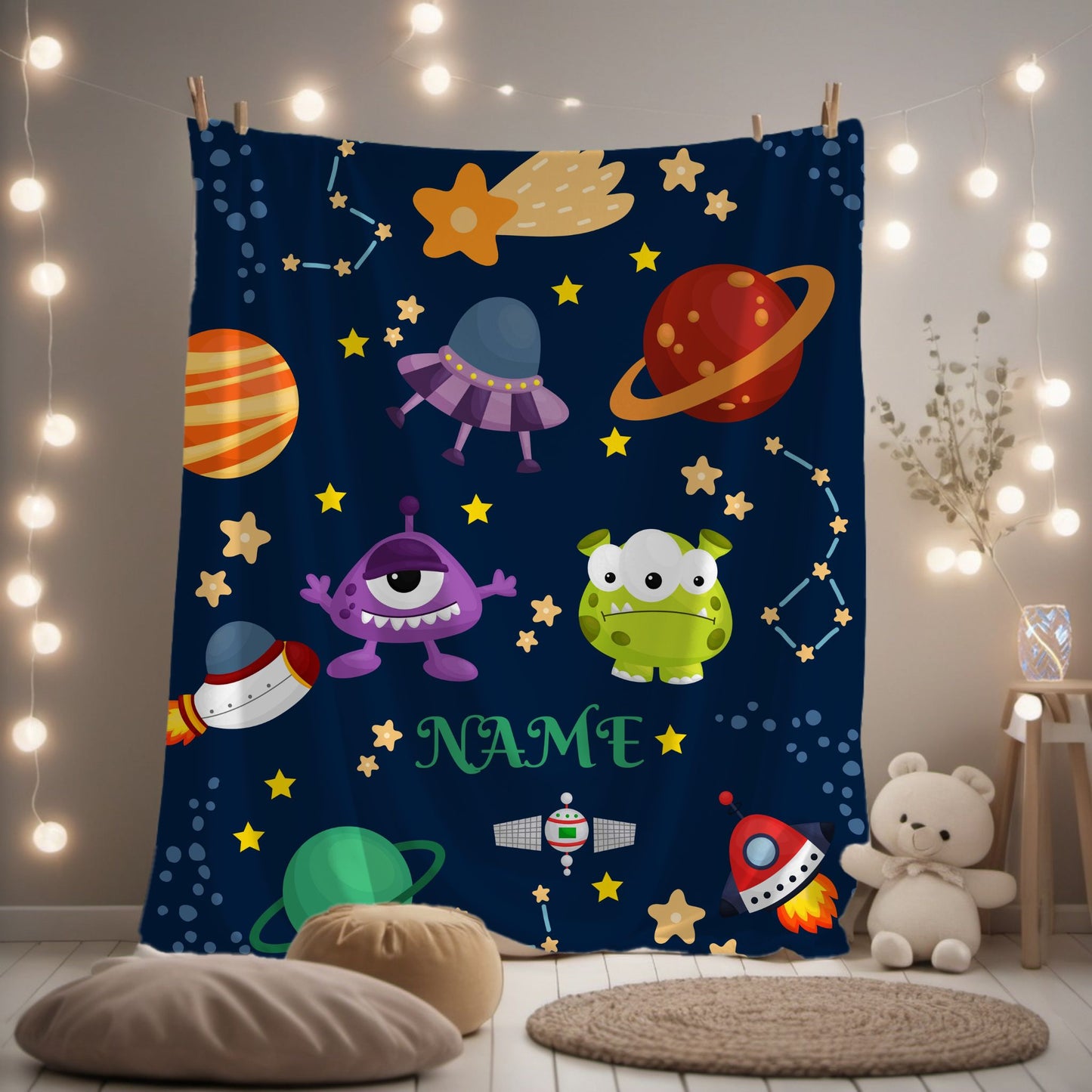 Cosmic Monsters Plush Blanket, Personalized Space Blanket, Kids Bedroom Decor, Gift for Space Lovers, Soft and Cozy Throw