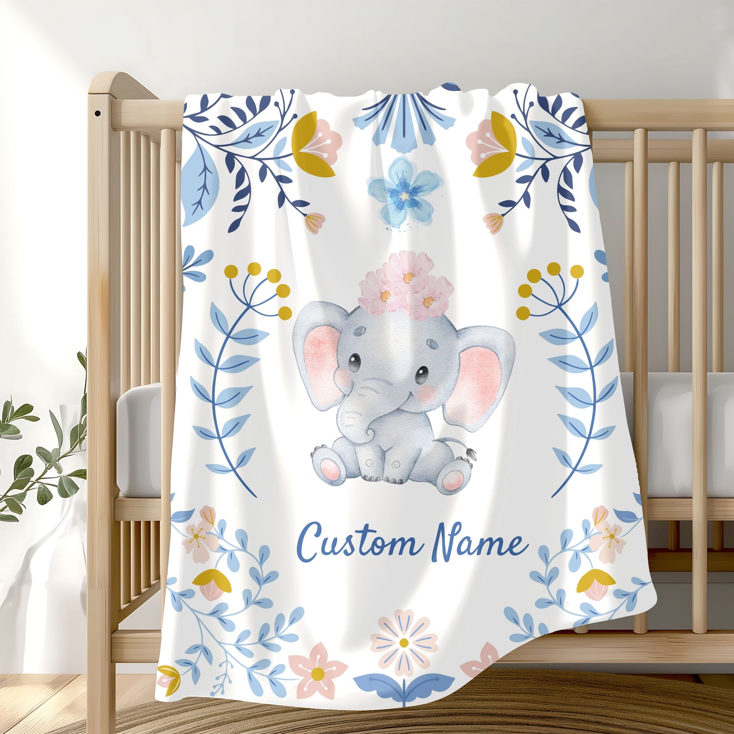 Customizable Velveteen Plush Blanket with Elephant Design, Cozy Throw, Baby Shower Gift, Nursery Decor, Personalized Baby Blanket
