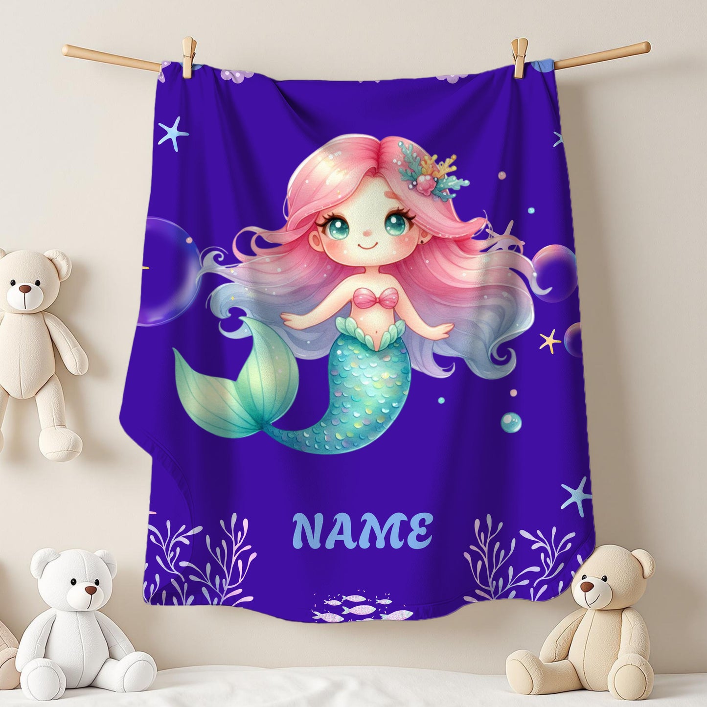Mermaid Plush Blanket - Personalized Cozy Throw | Soft Fleece Blanket | Kid's Room Decor | Gift for Birthday, Baby Shower, Christmas