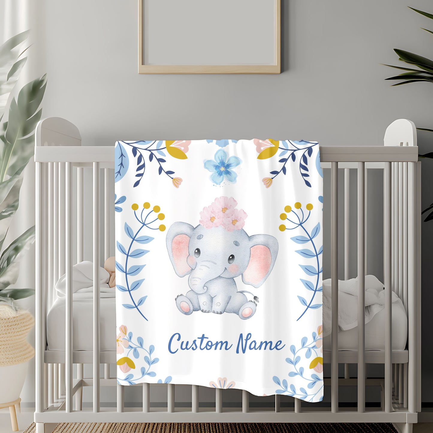 Customizable Velveteen Plush Blanket with Elephant Design, Cozy Throw, Baby Shower Gift, Nursery Decor, Personalized Baby Blanket