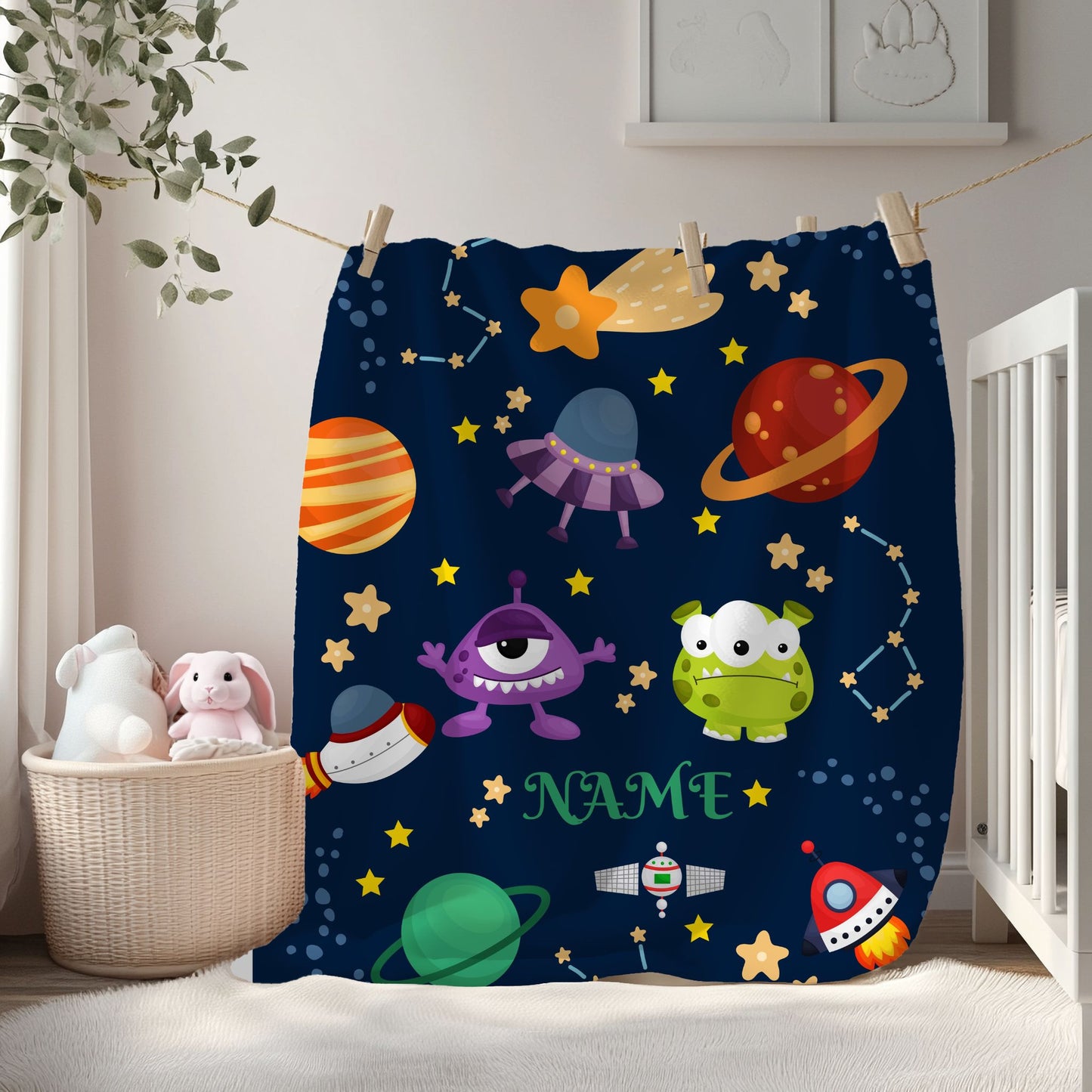 Cosmic Monsters Plush Blanket, Personalized Space Blanket, Kids Bedroom Decor, Gift for Space Lovers, Soft and Cozy Throw