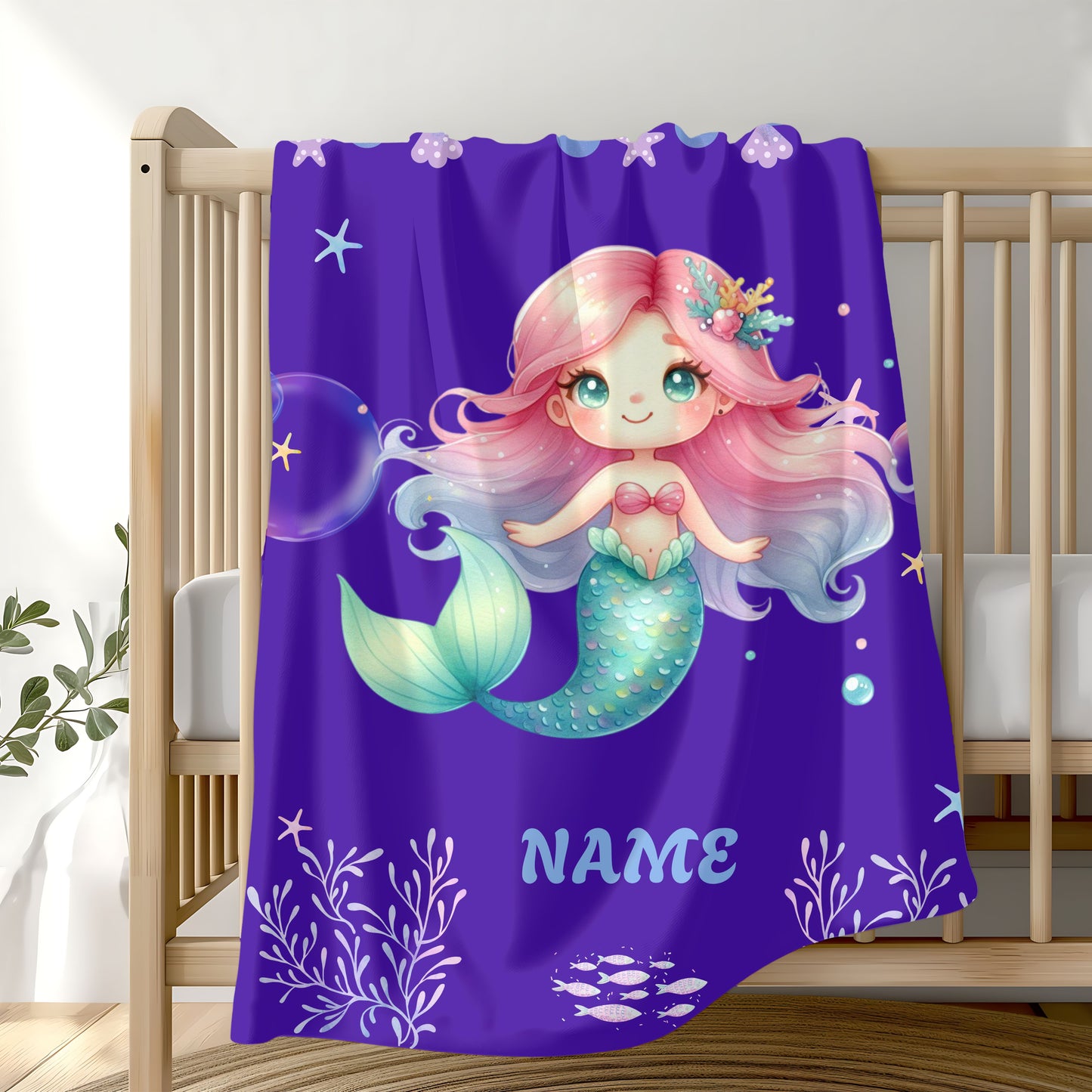 Mermaid Plush Blanket - Personalized Cozy Throw | Soft Fleece Blanket | Kid's Room Decor | Gift for Birthday, Baby Shower, Christmas