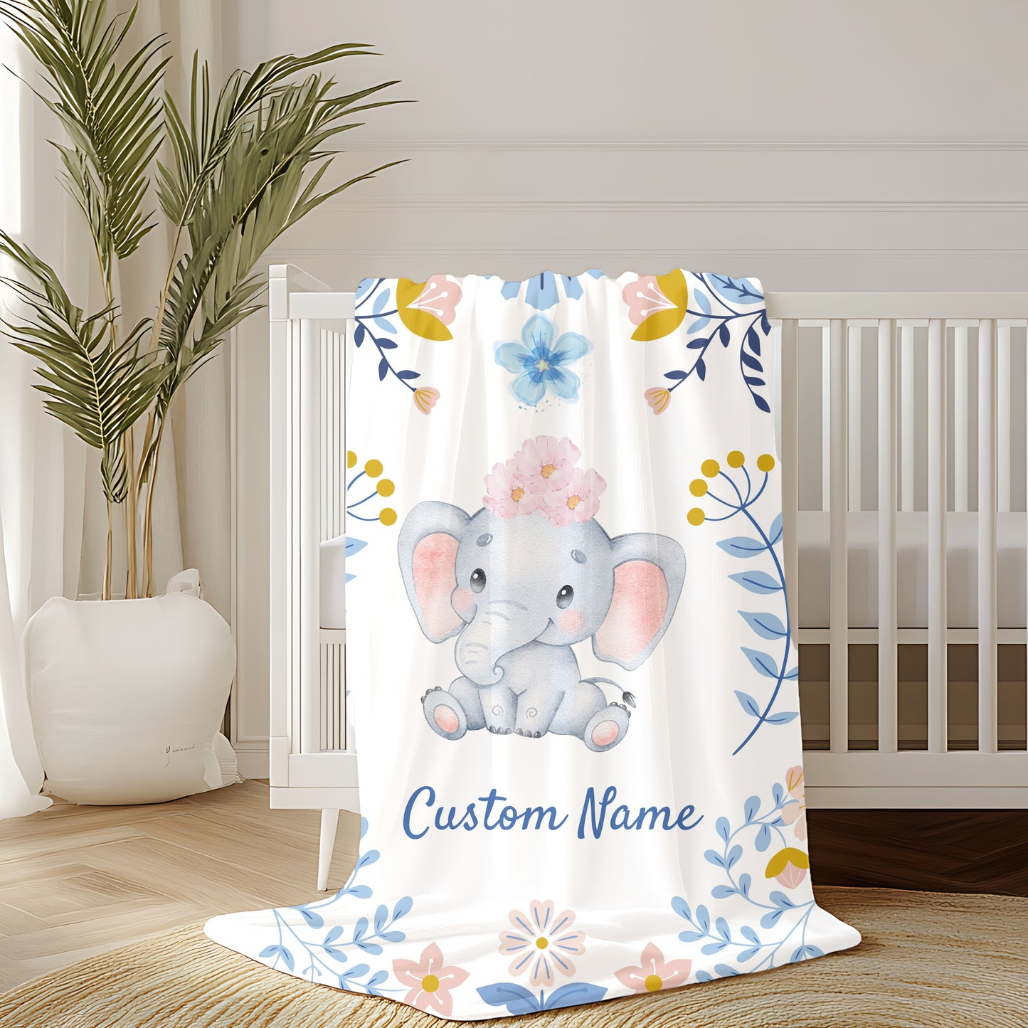 Customizable Velveteen Plush Blanket with Elephant Design, Cozy Throw, Baby Shower Gift, Nursery Decor, Personalized Baby Blanket