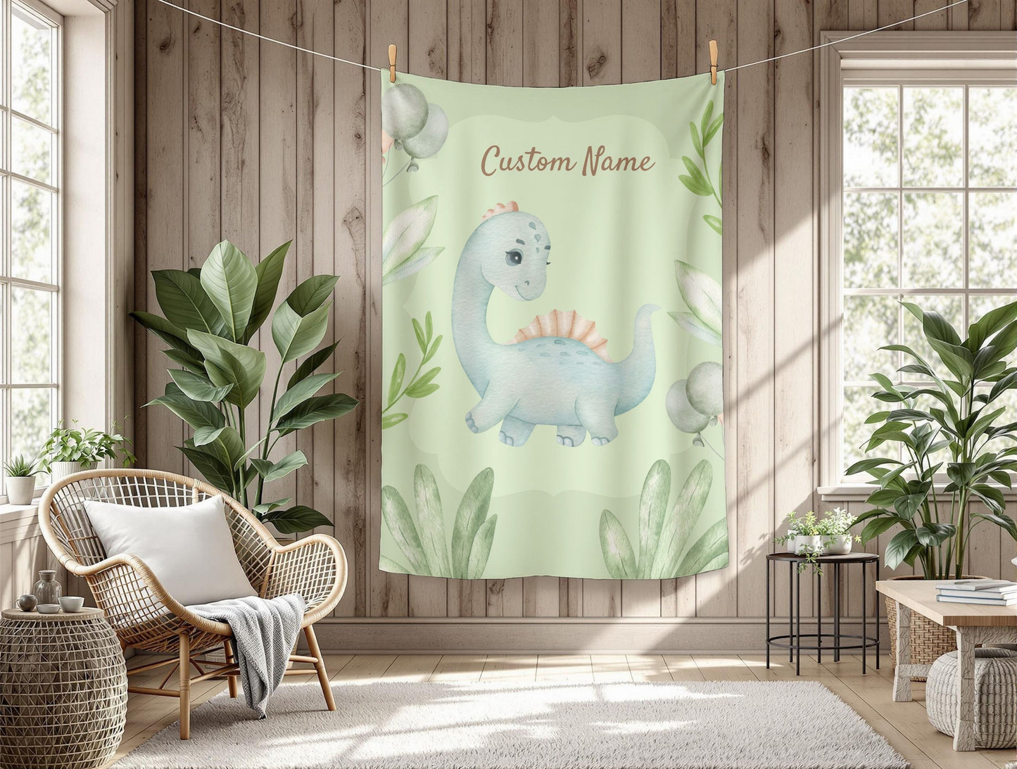 Personalized Dinosaur Velveteen Plush Blanket, Kids Room Decor, Baby Shower Gift, Custom Name Blanket, Soft Throw for Children
