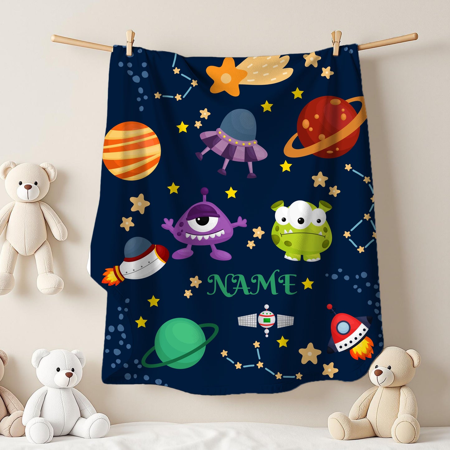 Cosmic Monsters Plush Blanket, Personalized Space Blanket, Kids Bedroom Decor, Gift for Space Lovers, Soft and Cozy Throw
