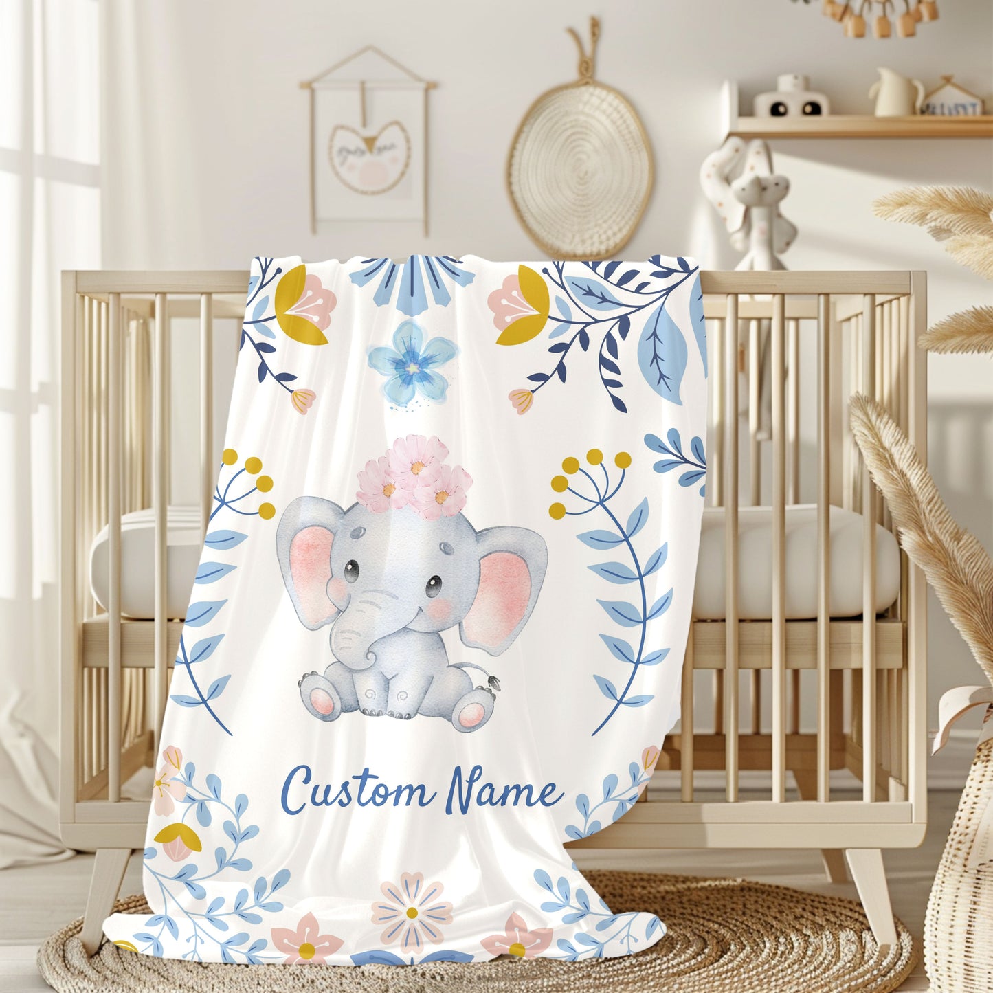 Customizable Velveteen Plush Blanket with Elephant Design, Cozy Throw, Baby Shower Gift, Nursery Decor, Personalized Baby Blanket