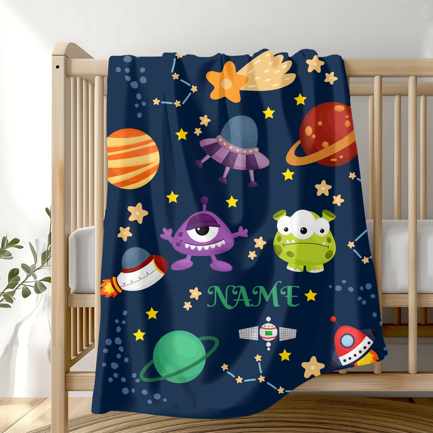 Cosmic Monsters Plush Blanket, Personalized Space Blanket, Kids Bedroom Decor, Gift for Space Lovers, Soft and Cozy Throw