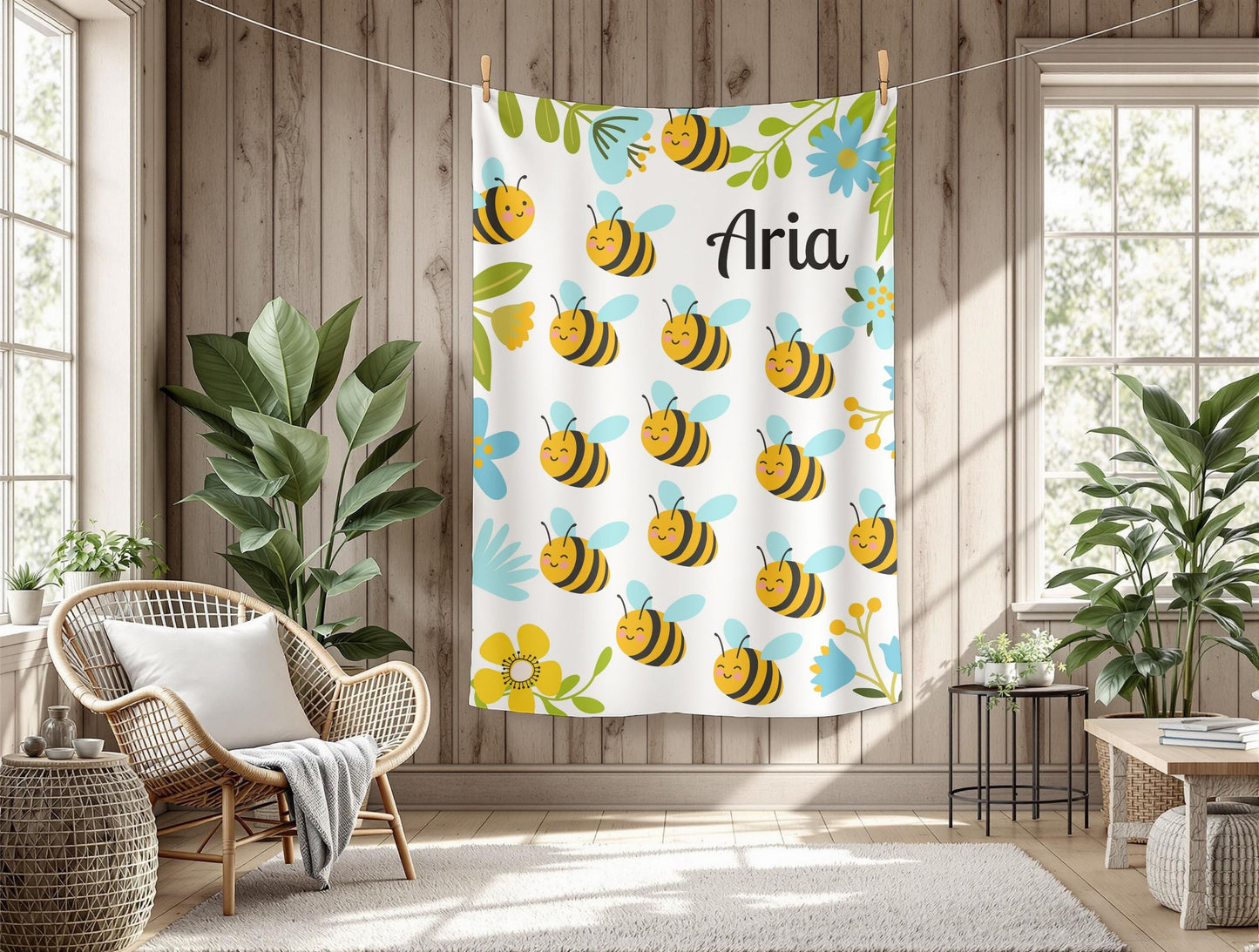 Personalized Bee-Themed Velveteen Plush Blanket, Cozy Throw for Kids, Nursery Decor, Baby Shower Gift, Children's Room
