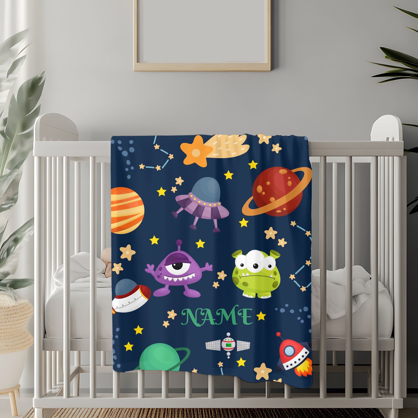 Cosmic Monsters Plush Blanket, Personalized Space Blanket, Kids Bedroom Decor, Gift for Space Lovers, Soft and Cozy Throw