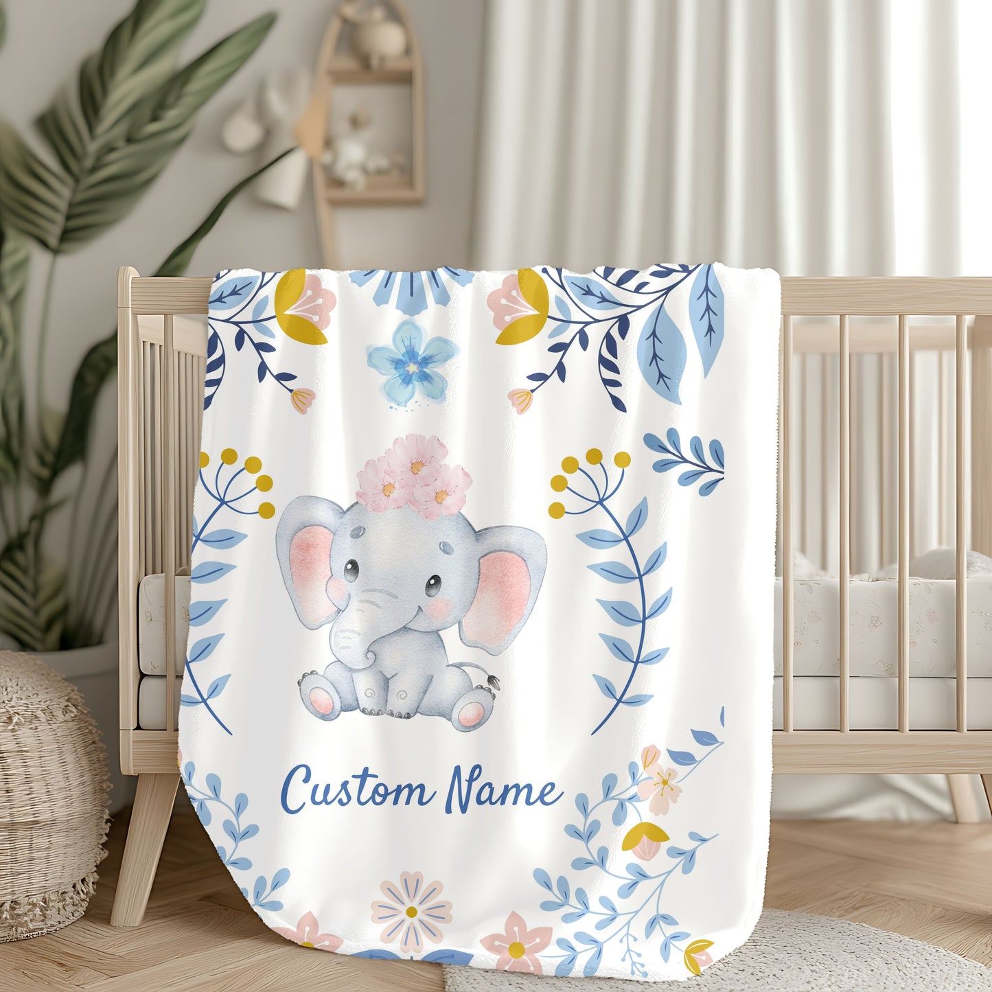 Customizable Velveteen Plush Blanket with Elephant Design, Cozy Throw, Baby Shower Gift, Nursery Decor, Personalized Baby Blanket