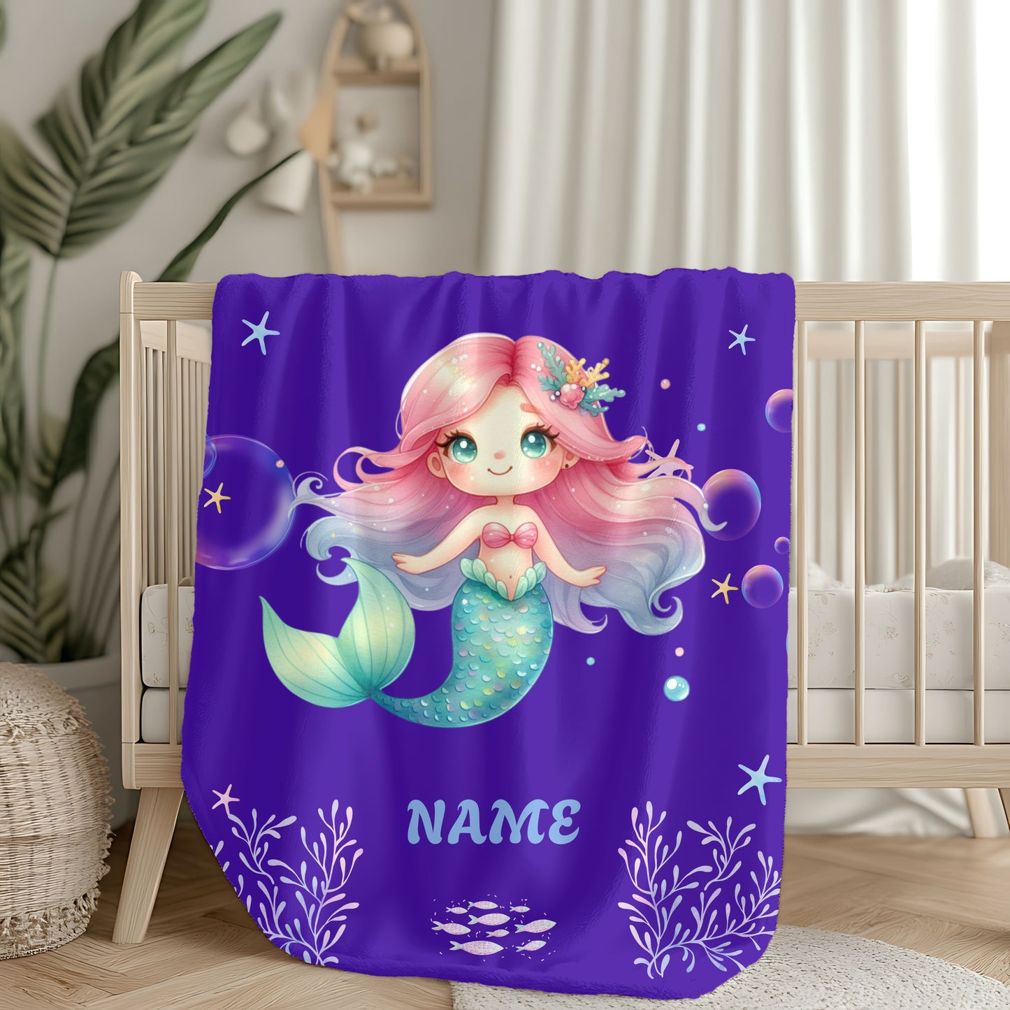 Mermaid Plush Blanket - Personalized Cozy Throw | Soft Fleece Blanket | Kid's Room Decor | Gift for Birthday, Baby Shower, Christmas