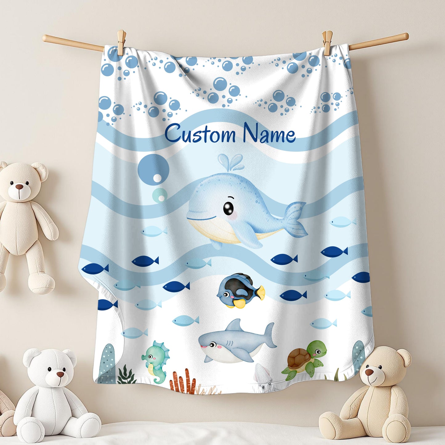 Custom Whale Theme Velveteen Blanket for Kids, Cozy Throw, Personalized Gift, Nursery Decor, Ocean Lovers, Baby Shower