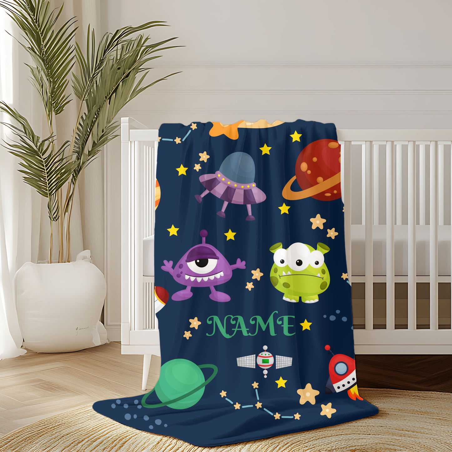 Cosmic Monsters Plush Blanket, Personalized Space Blanket, Kids Bedroom Decor, Gift for Space Lovers, Soft and Cozy Throw