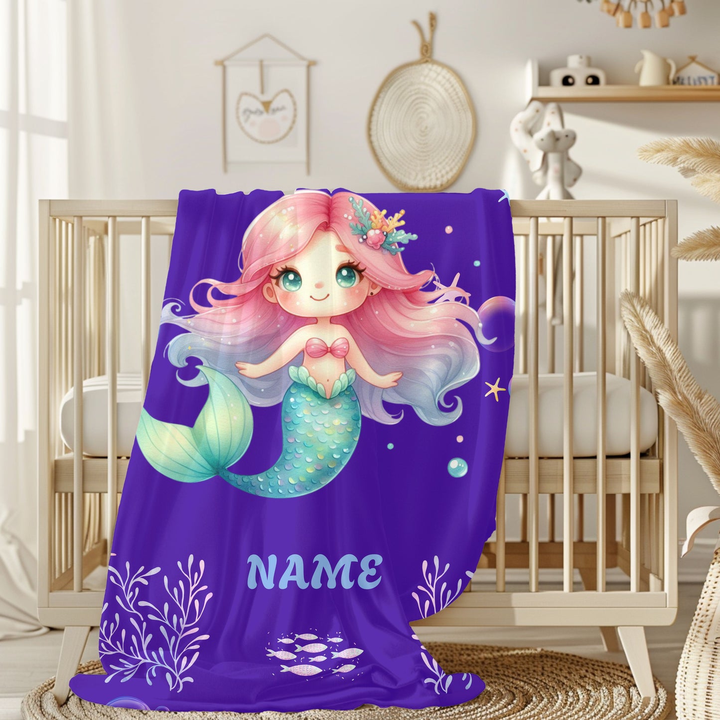 Mermaid Plush Blanket - Personalized Cozy Throw | Soft Fleece Blanket | Kid's Room Decor | Gift for Birthday, Baby Shower, Christmas