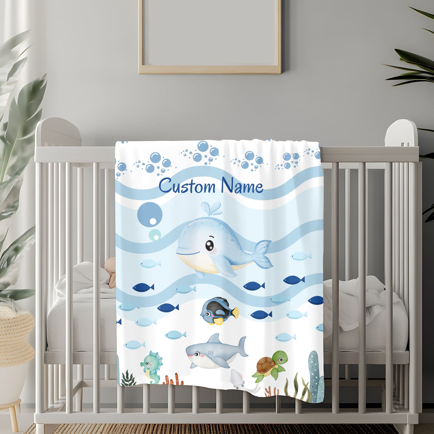 Custom Whale Theme Velveteen Blanket for Kids, Cozy Throw, Personalized Gift, Nursery Decor, Ocean Lovers, Baby Shower