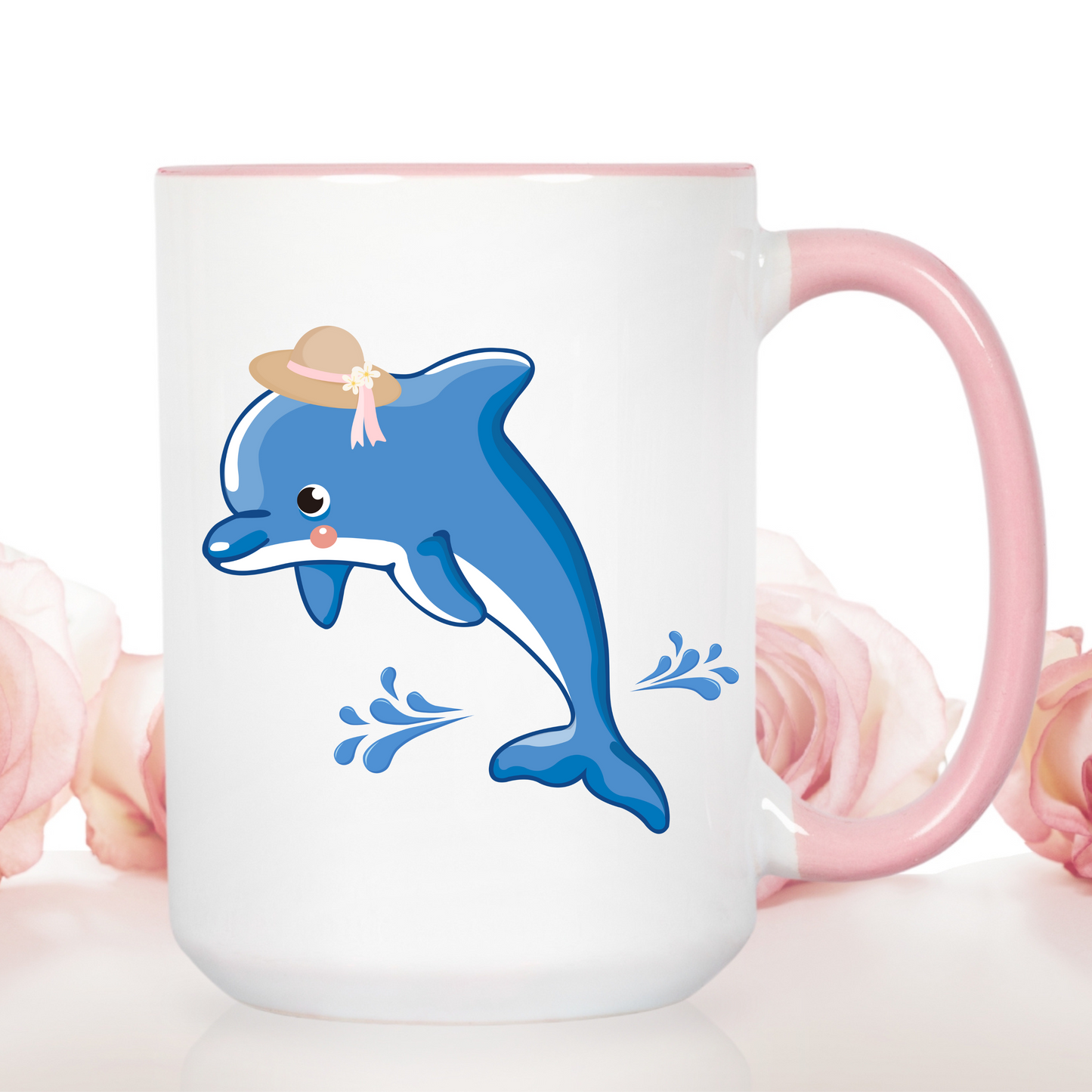 Dolphin wearing a straw hat with stylized water splashes Coffee Mug