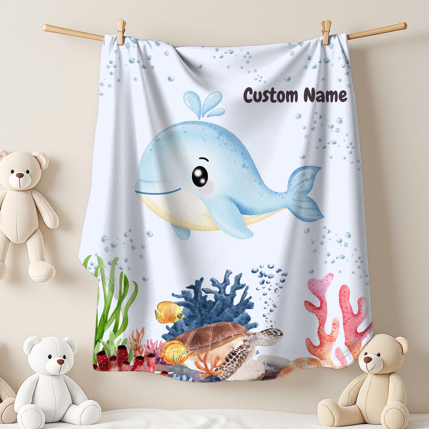 Custom Whale Velveteen Plush Blanket, Kids Throw Blanket, Nautical Nursery Décor, Personalized Gift, Cozy Home Accessories, Baby Shower Gift