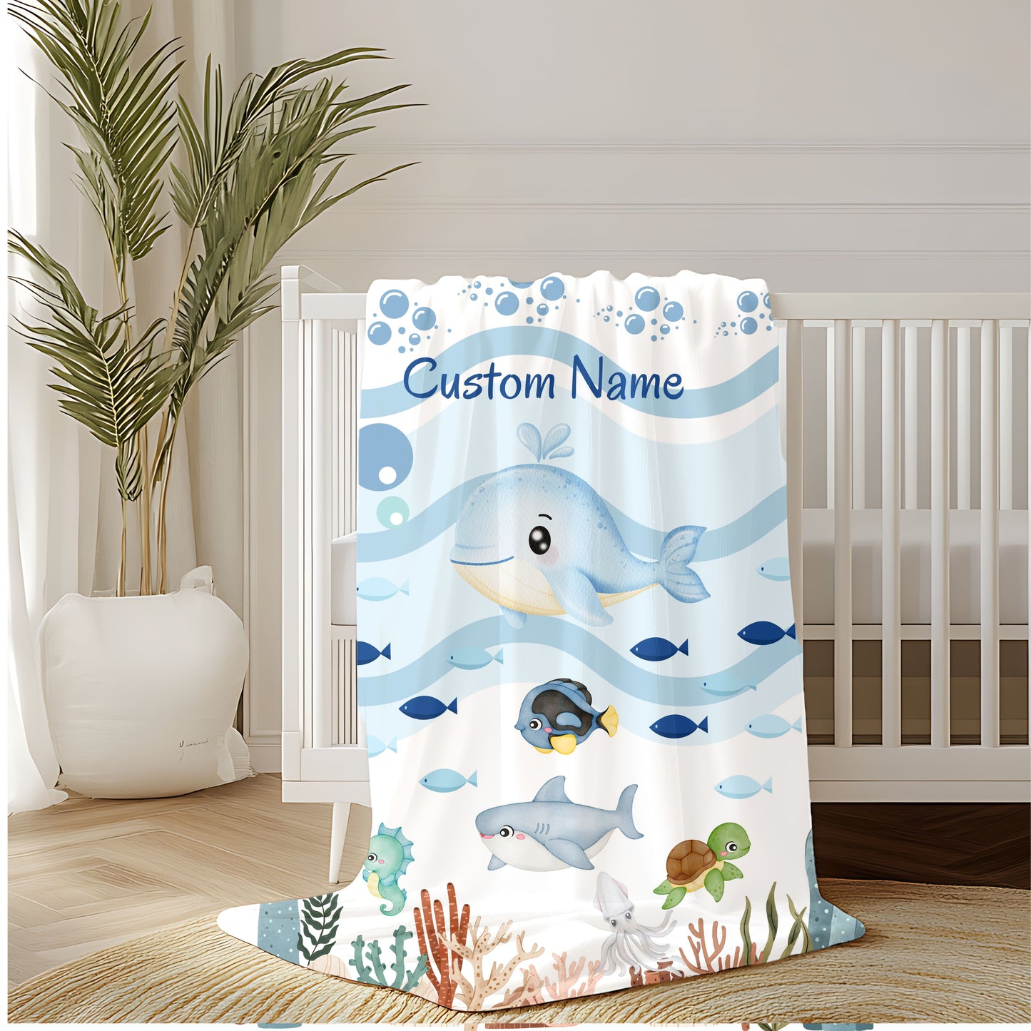 Custom Whale Theme Velveteen Blanket for Kids, Cozy Throw, Personalized Gift, Nursery Decor, Ocean Lovers, Baby Shower