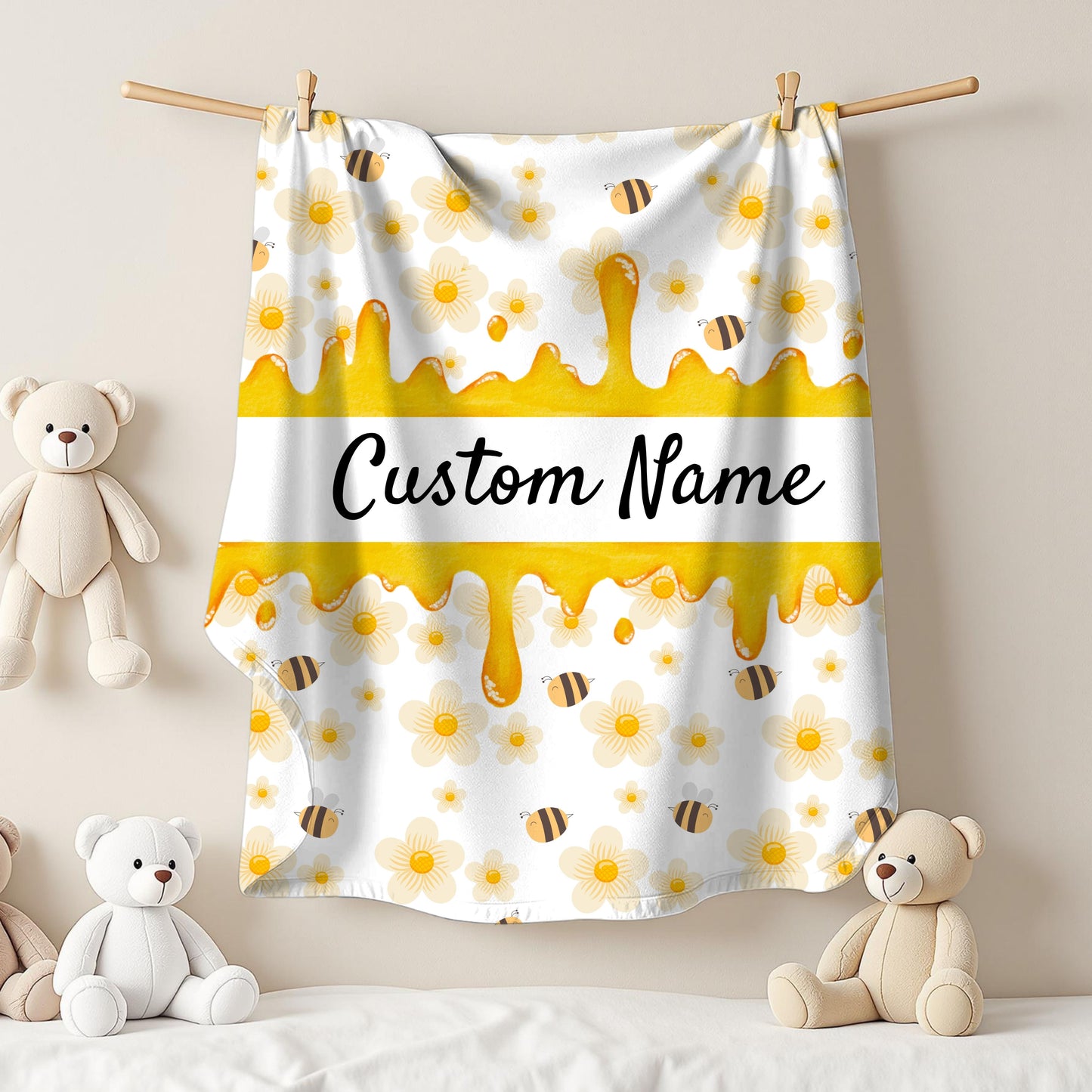 Personalized Velveteen Plush Blanket, Cozy Gift, Custom Name Throw, Bee and Flower Decor, Soft Home Accents