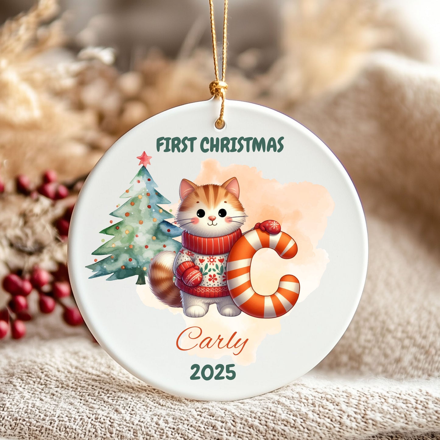 Personalized First Christmas Ornament - Cute Cat Design
