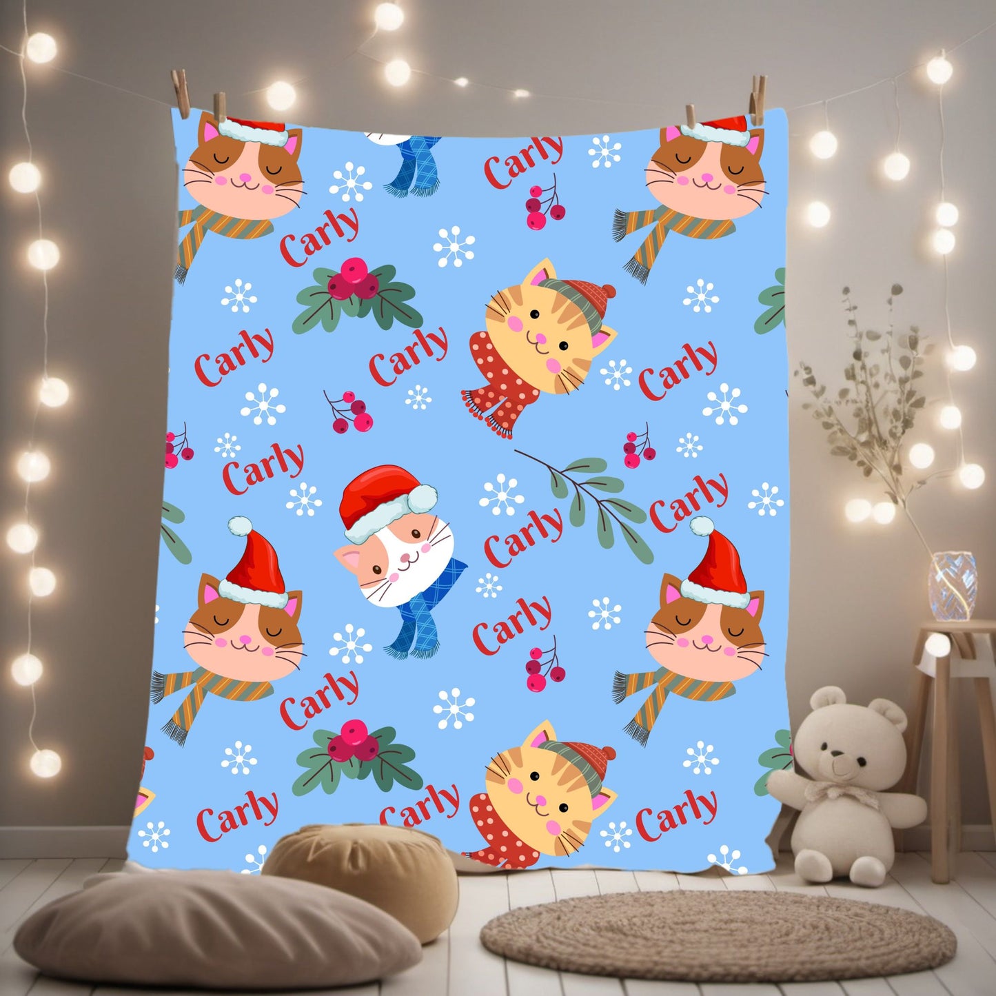 Festive Cat Plush Blanket - Cozy Holiday Throws, Winter Decor, Personalized Gift, Kids Bedding, Cat Lover Gift
