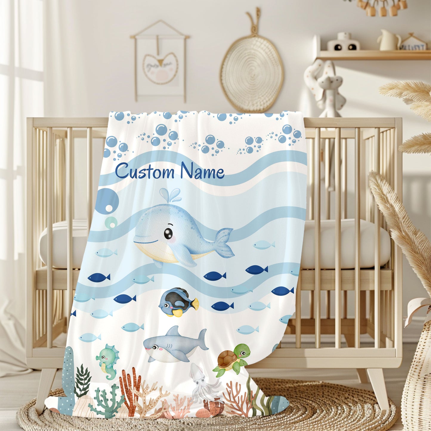 Custom Whale Theme Velveteen Blanket for Kids, Cozy Throw, Personalized Gift, Nursery Decor, Ocean Lovers, Baby Shower