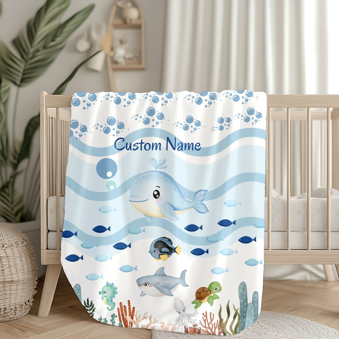 Custom Whale Theme Velveteen Blanket for Kids, Cozy Throw, Personalized Gift, Nursery Decor, Ocean Lovers, Baby Shower