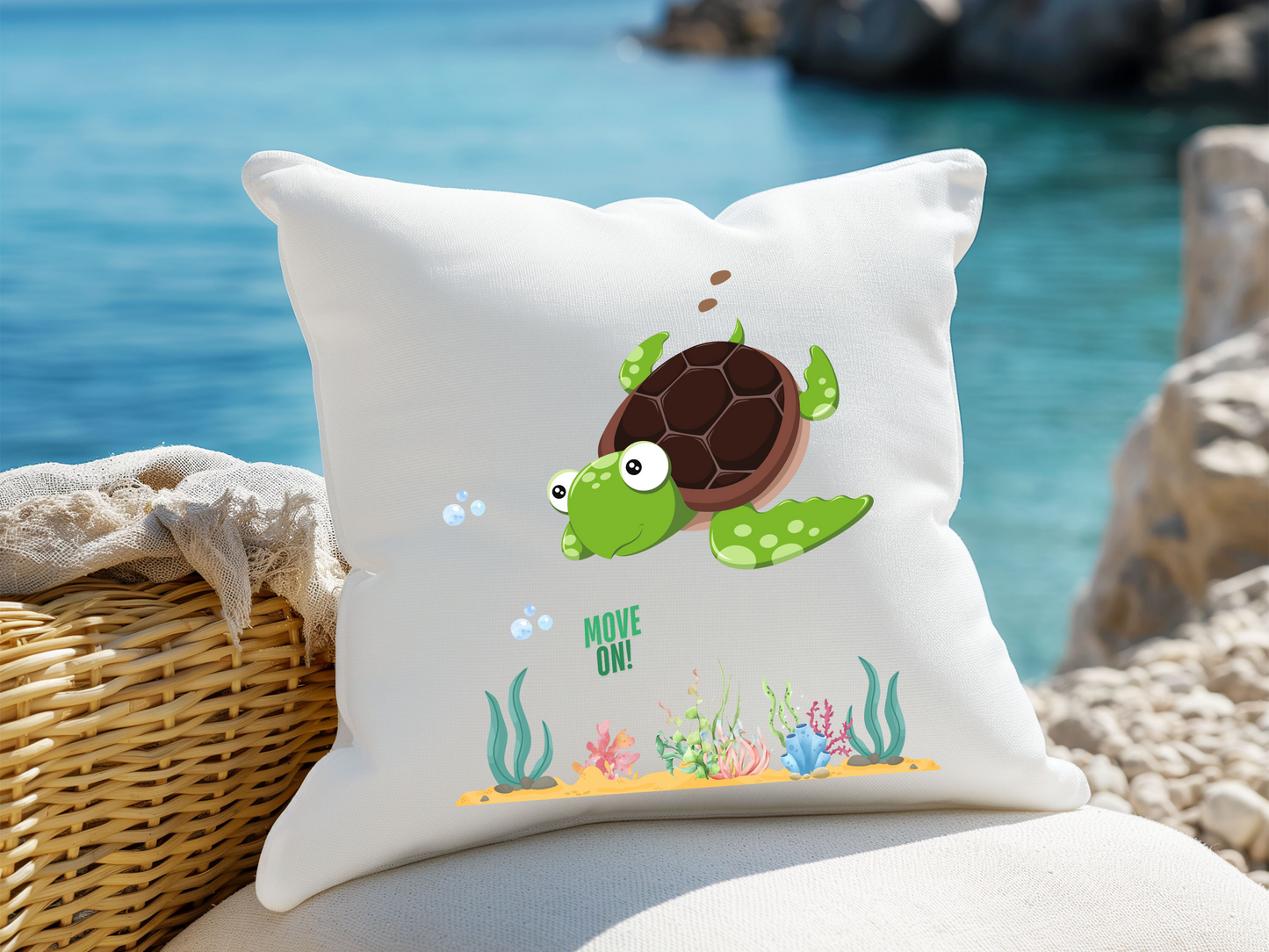Turtle with seaweed and bubble Spun Polyester Square Pillow