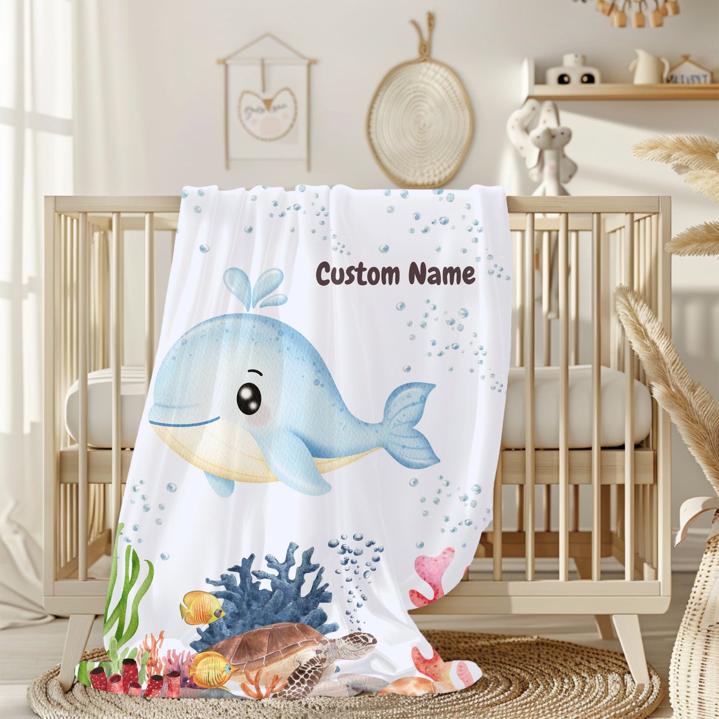Custom Whale Velveteen Plush Blanket, Kids Throw Blanket, Nautical Nursery Décor, Personalized Gift, Cozy Home Accessories, Baby Shower Gift