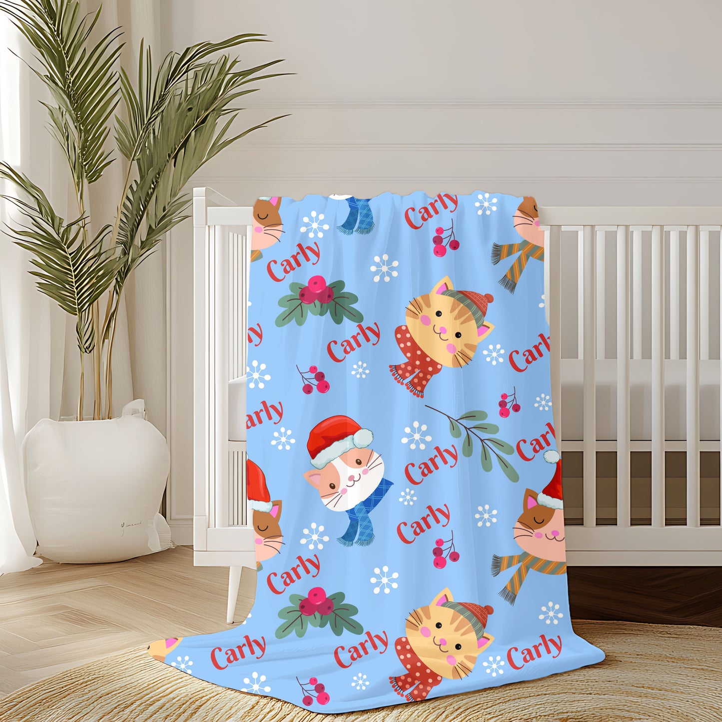 Festive Cat Plush Blanket - Cozy Holiday Throws, Winter Decor, Personalized Gift, Kids Bedding, Cat Lover Gift