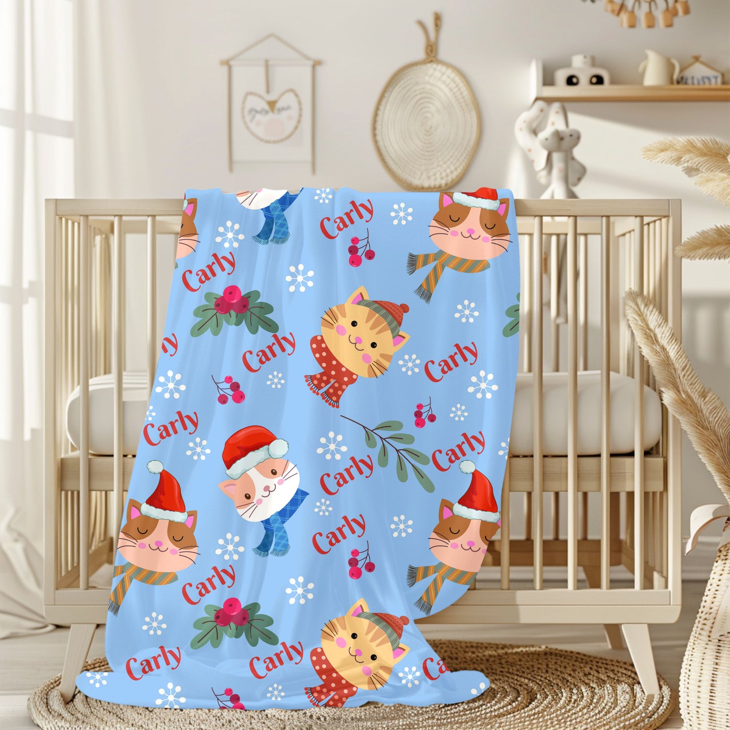 Festive Cat Plush Blanket - Cozy Holiday Throws, Winter Decor, Personalized Gift, Kids Bedding, Cat Lover Gift