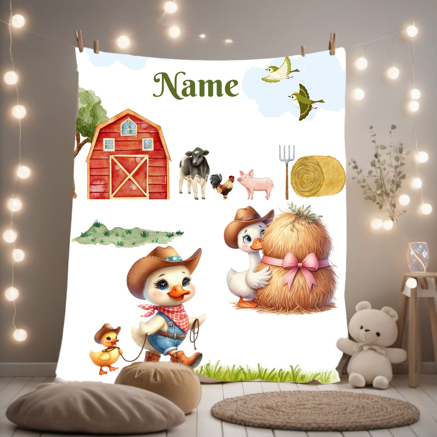 Personalized Farm Animal Velveteen Blanket, Cute Nursery Decor, Baby Shower Gift, Cozy Plush Throw, Customized Name Comfort