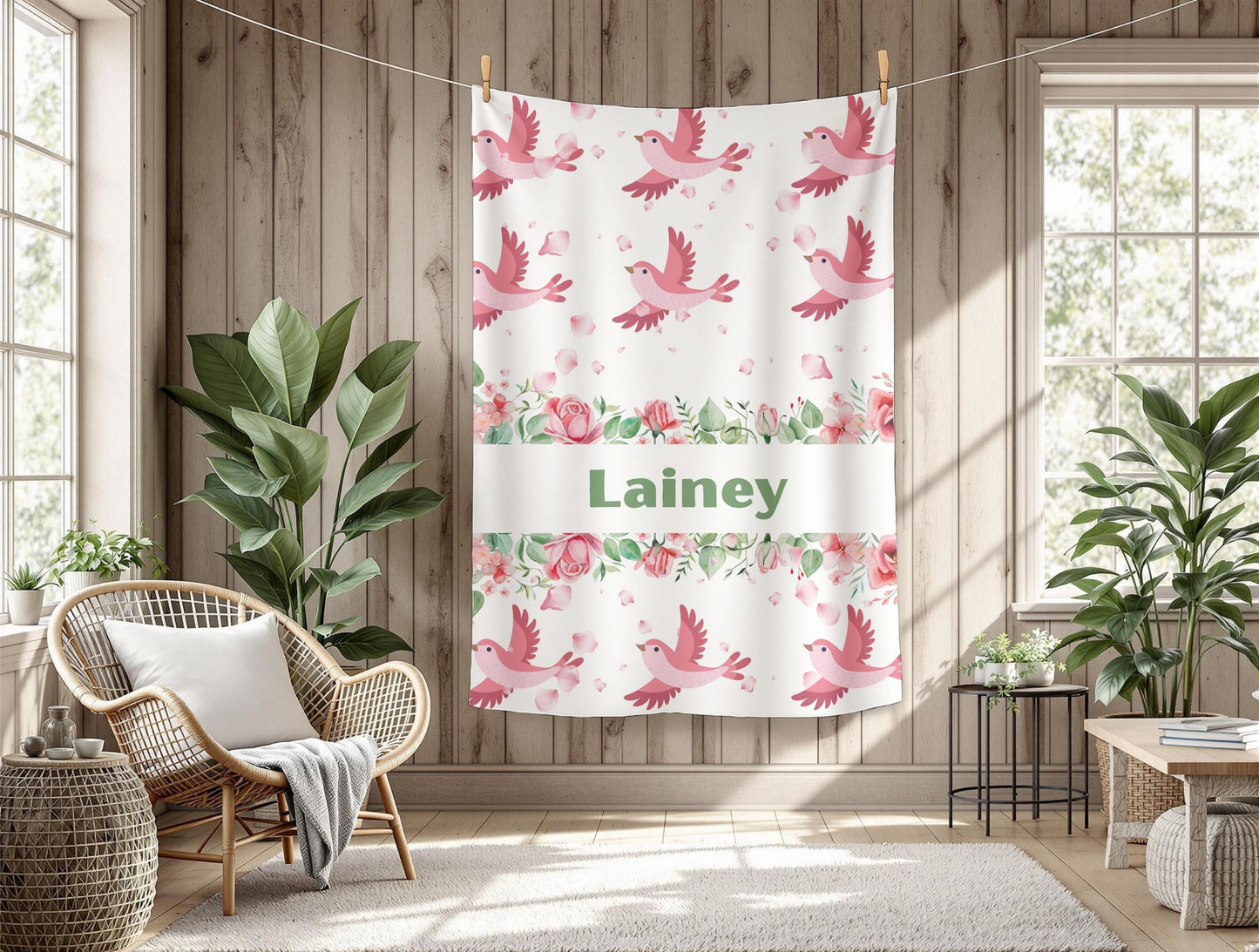 Personalized Floral Bird Plush Blanket, Cozy Blanket, Gift for Her, Nursery Decor, Baby Shower, Kids Room, Warm Throw