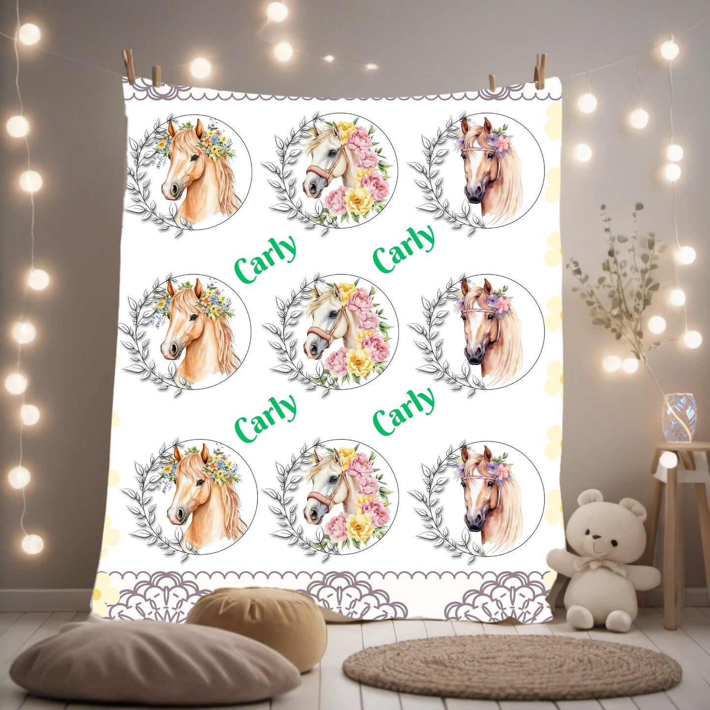 Personalized Horse Lover's Blanket, Velveteen Plush Blanket, Cozy Gift for Kids, Horse-Themed Decor, Unique Nursery Item