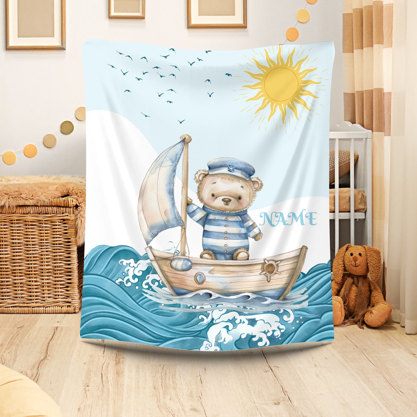 Nautical Bear Plush Blanket, Personalized Baby Blanket, Nursery Decor, Gift for New Parents, Cozy Blanket for Kids