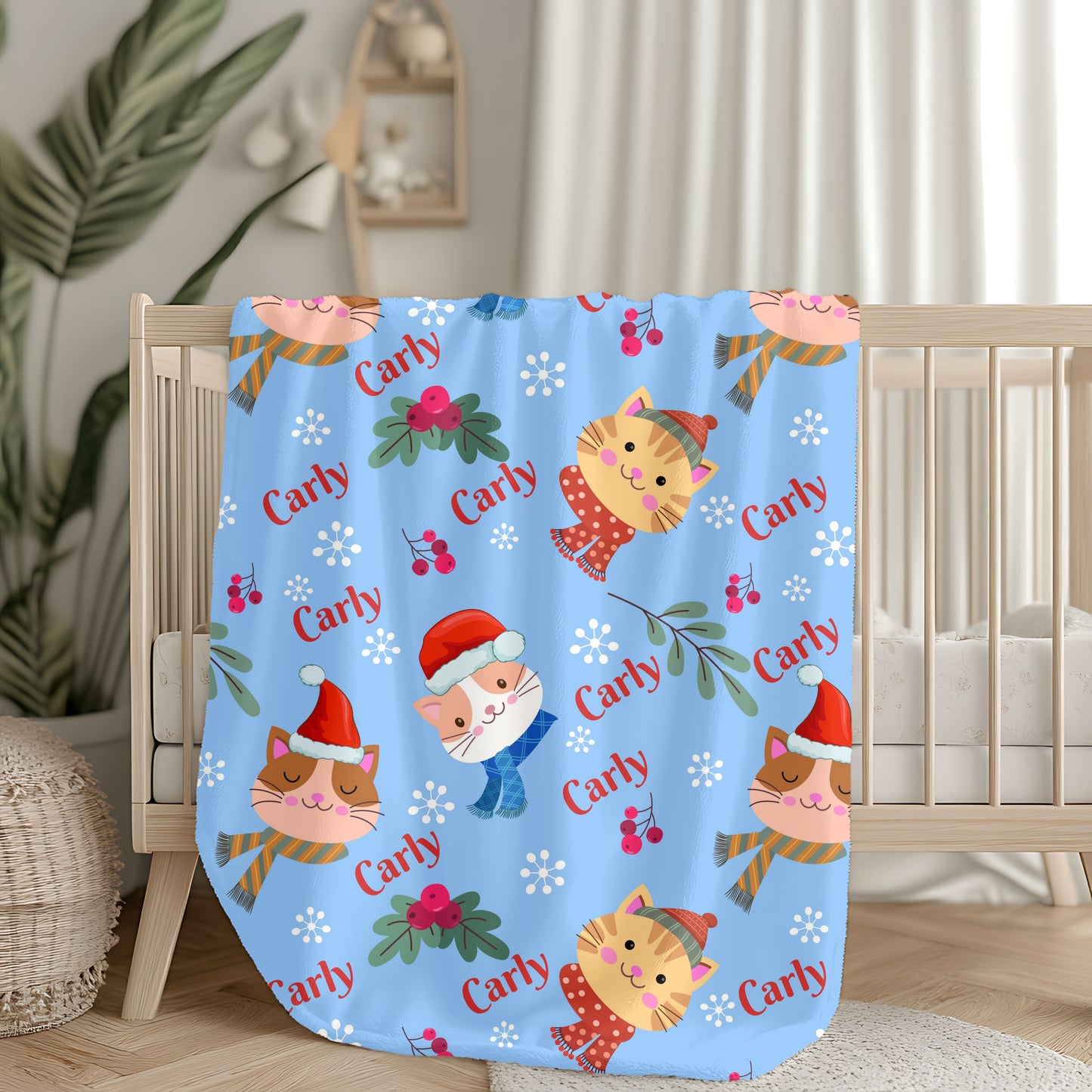 Festive Cat Plush Blanket - Cozy Holiday Throws, Winter Decor, Personalized Gift, Kids Bedding, Cat Lover Gift